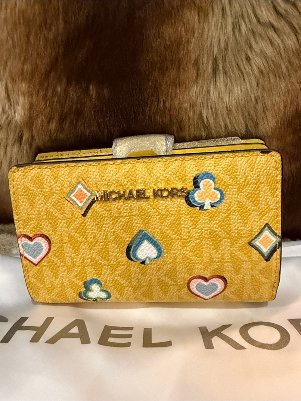 NWT Michael Kors Yellow Logo-Print Leather Wallet with Multicolor Card Motifs